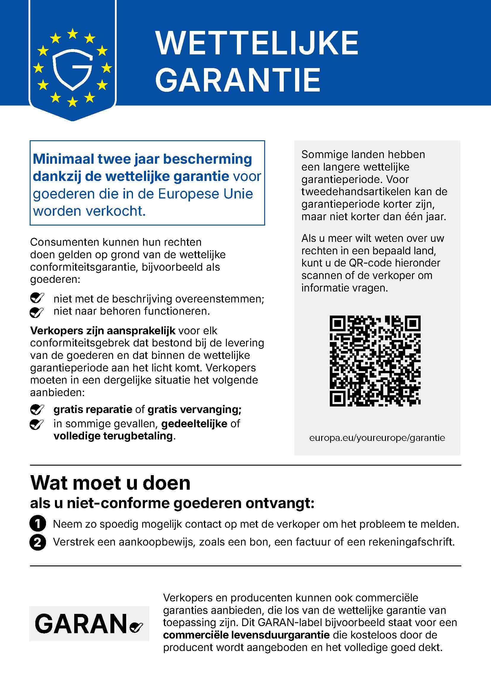 Infographic over de wettelijke garantie in de Europese Unie. Voor goederen die in de Europese Unie worden verkocht, hebben consumenten in principe recht op minimaal twee jaar wettelijke garantie. Voor gebruikte goederen kan deze termijn in sommige landen korter zijn, maar hij bedraagt minimaal één jaar. Als een goed niet overeenkomt met de beschrijving of niet werkt zoals bedoeld, is de verkoper verantwoordelijk voor het gebrek en moet hij gratis reparatie of vervanging aanbieden. In bepaalde gevallen kan de consument ook recht hebben op een evenredige prijsvermindering of volledige terugbetaling. Neem zo snel mogelijk contact op met de verkoper en toon een aankoopbewijs, zoals een kassabon, factuur of bankafschrift. Een commerciële garantie van de verkoper of fabrikant geldt onafhankelijk van de wettelijke garantie. De infographic bevat ook een QR-code met toegang tot informatie van de Europese Unie over garanties.